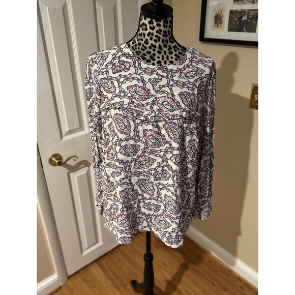 Talbots Paisley Printed Tiered Ruffle Front Blouse Size 1X Red White Blue Plus - Picture 1 of 12
